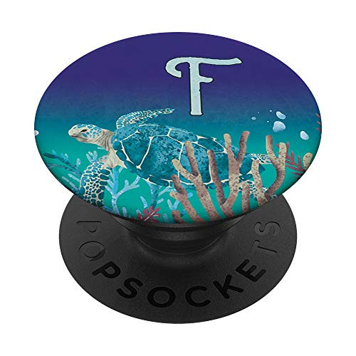 Teal Blue Green Gradient Turtle Monogram Initial Letter F PopSockets Grip and Stand for Phones and Tablets