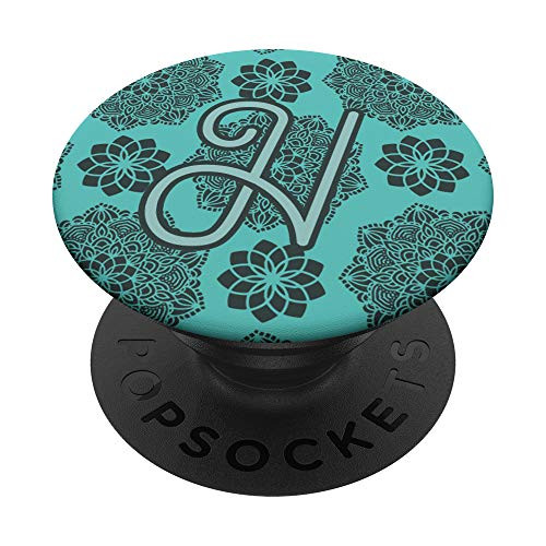 Teal Turquoise Mint Green Mandala Monogram Initial Letter H PopSockets Grip and Stand for Phones and Tablets