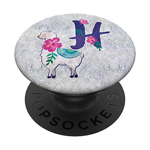 White Llama with Pink Flowers Blue Monogram Initial Letter H PopSockets Grip and Stand for Phones and Tablets