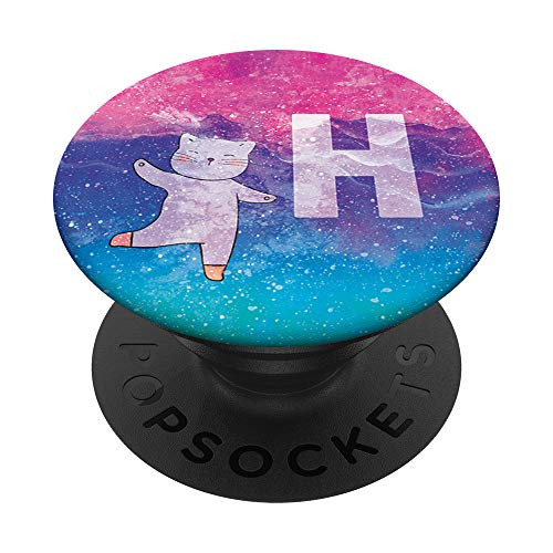 Teal Blue Pink Gradient White Cat Monogram Initial Letter H PopSockets Grip and Stand for Phones and Tablets