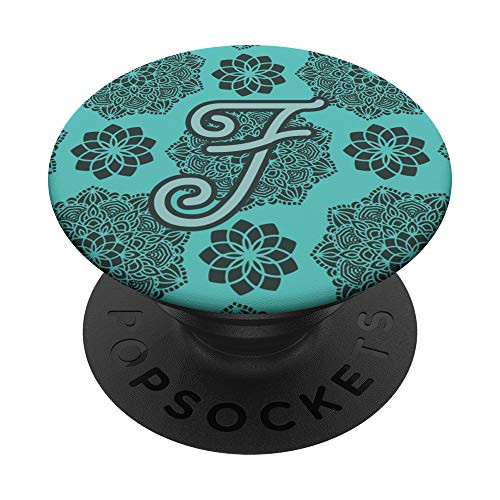 Teal Turquoise Mint Green Mandala Monogram Initial Letter F PopSockets Grip and Stand for Phones and Tablets