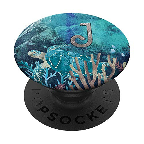 Teal Gray Turquoise Mint Turtle Monogram Initial Letter J PopSockets Grip and Stand for Phones and Tablets