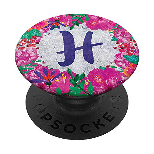 Pink Flowers White Background Blue Monogram Initial Letter H PopSockets Grip and Stand for Phones and Tablets