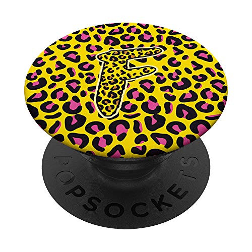 Leopard Print Yellow Pink Monogram Initial Letter F PopSockets Grip and Stand for Phones and Tablets