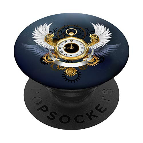 Gear and Cog Retro Steampunk Watch with Wings on Dark Blue PopSockets Grip and Stand for Phones and Tablets