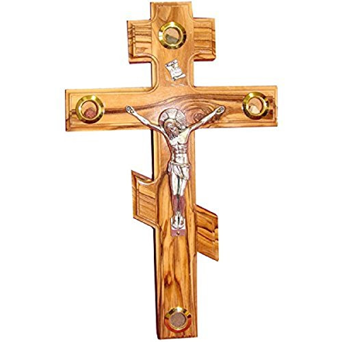 Bethlehem Gifts TM Handcarved Olive Wood Russian Eastern Orthodox Lens Patriarchal Crucifix Cross 6 inches