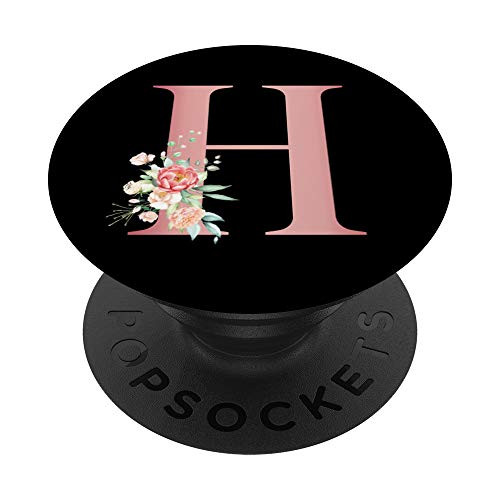 Blush Letter H Monogram Initial Rose Pink Floral on Black PopSockets PopGrip Swappable Grip for Phones   Tablets