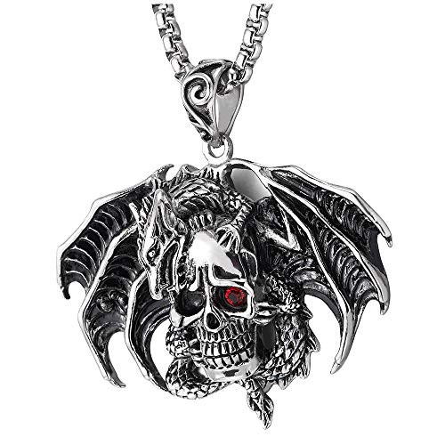 COOLSTEELANDBEYOND Steel Vintage Bat Skull Pendant Necklace with Red Cubic Zirconia 30 inches Wheat Chain Punk Rock