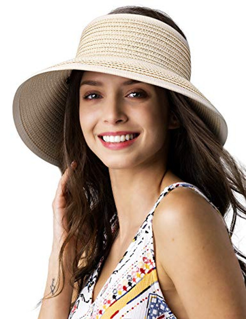 Womens Wide Brim Summer Beach Straw Hat Foldable Roll Up Sun Visor Hats for Women Beige Womens Wide Brim Summer Beach Straw Hat Foldable Roll Up Sun Visor Hats for Women Beige