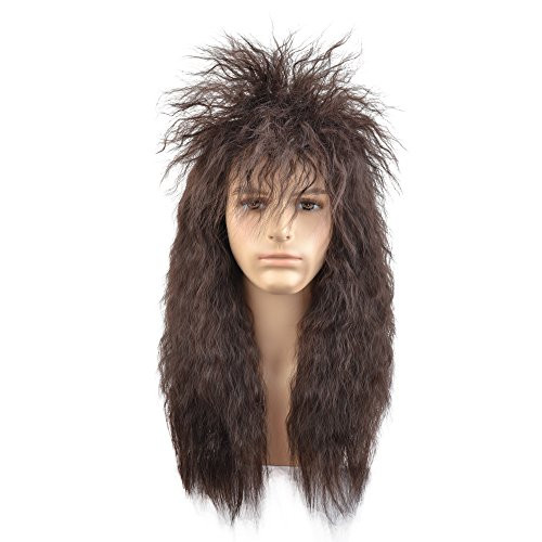 BERON 80s Mens Wig Fashiom Smart Punk Metal Rocker Disco Mullet Party Wig Long CurlyDark Brown