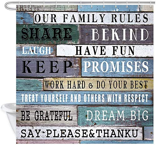 Family Rules Educational Shower Curtain Inspirational Our Family Rules Happiness Quotes on Country Wooden Board Shower Curtain Polyester Fabric Rustic Cabin Bathroom Curtain 12PCS Hooks 69X70IN