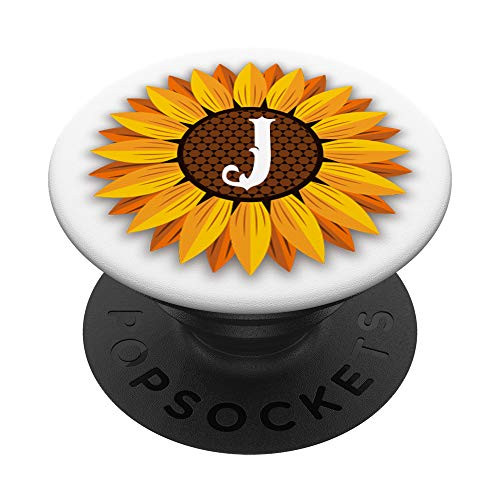 Yellow Sunflower Letter J Initial Girasol White PopSockets Grip and Stand for Phones and Tablets