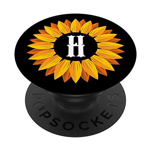 Yellow Sunflower Letter H Initial Girasol Black PopSockets Grip and Stand for Phones and Tablets