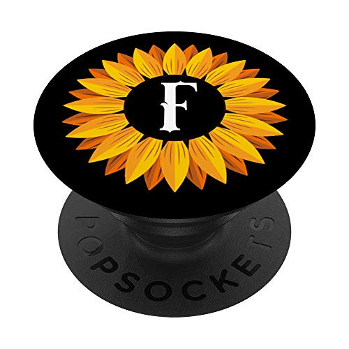 Yellow Sunflower Letter F Initial Girasol Black PopSockets Grip and Stand for Phones and Tablets