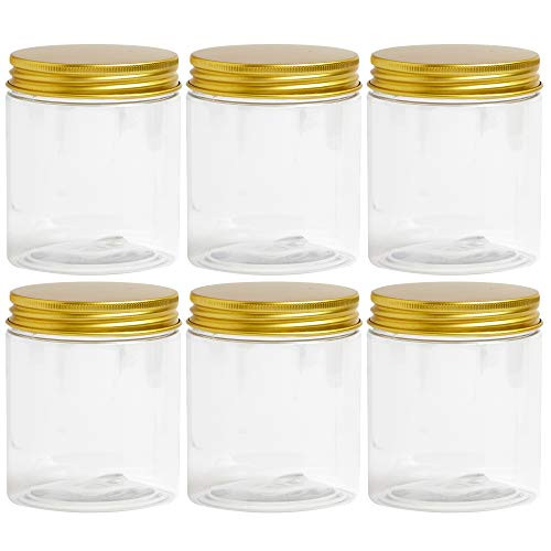 16 oz Plastic Jars With Lids Clear Jar With Lids Plastic Mason Jar Storage Containers For Cosmetics Slime Storage Jars Desert Containers Airtight Container - 6 PACK 16 oz Gold