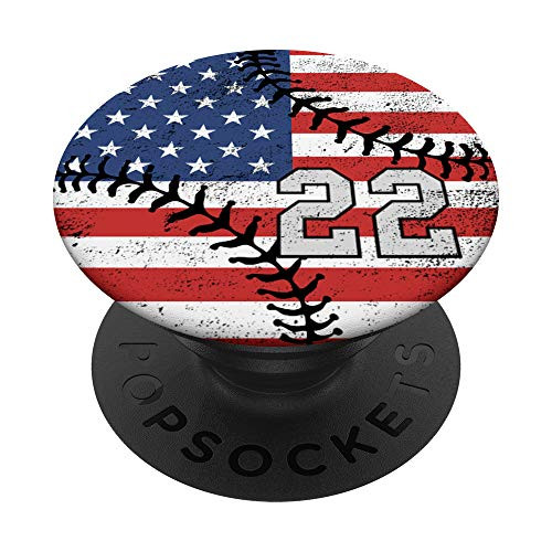 Baseball American USA Flag number 22 in gray and black PopSockets Grip and Stand for Phones and Tablets