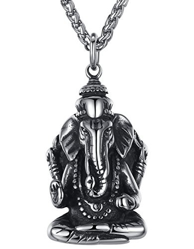 Aoiy Mens Stainless Steel Ganesha Elephant Hindu God Pendant Necklace 24 Link Chain hhp006