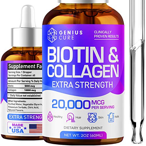 Genius Biotin Collagen Hair Growth Drops - Potent US Made Hair Growth Product - Healthy Skin Nails - Liquid Biotin Collagen Supplement for Best Absorption - Perfect Hair Growth for Men Women Genius Biotin Collagen Hair Growth Drops - Potent US Made Hair Growth Product - Healthy Skin Nails - Liquid Biotin Collagen Supplement for Best Absorption - Perfect Hair Growth for Men Women