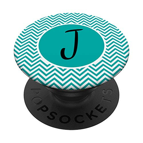 Initial Monogram Letter J Teal Turquoise Aqua Chevron PopSockets PopGrip Swappable Grip for Phones   Tablets