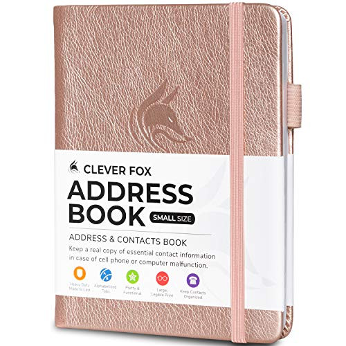 Clever Fox Address Book with alphabetic tabs - PU Leather Telephone and Address Book for Keeping Contacts Safe Contact Organizer Journal Pocket Sized 4_0x5_5 Hardcover Rose Gold