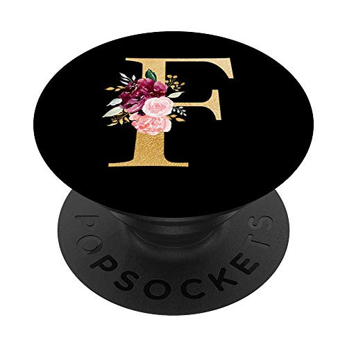 Pink Rose Flowers Monogram Floral Initial Letter F On Black PopSockets PopGrip Swappable Grip for Phones   Tablets