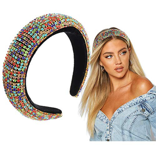 Rhinestone Padded Headband for Women Girls Colorful Crystal Embellished Hairband Luxury Bejewelled Wide Velvet Hair Hoops Wedding Party