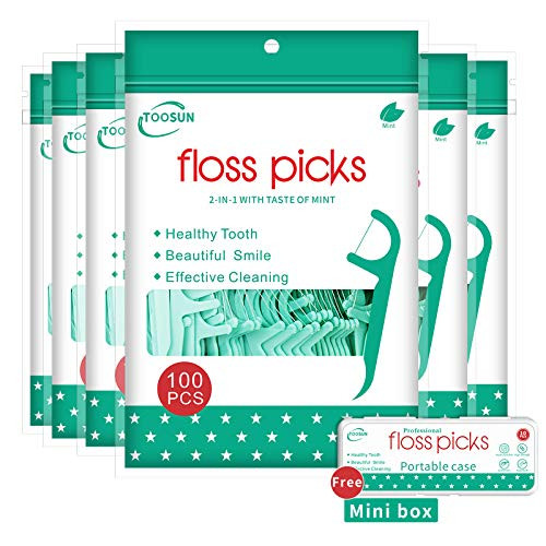 Toosun Mint Dental Floss Picks 600 Count Flosser Picks with Fresh Mint Flavored Toothpicks Sticks 100PCSPack Dental Floss with a Portable Case