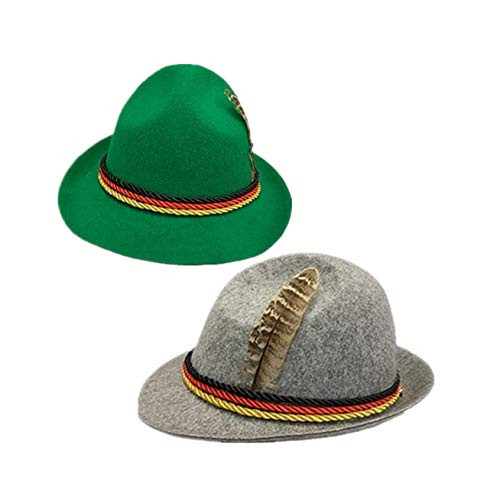 2 Pack Oktoberfest German Alpine Grey and Green Hat with Feather