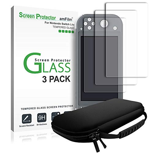 amFilm Nintendo Switch Lite Glass Screen Protector 3 Pack and Nintendo Switch Lite Case