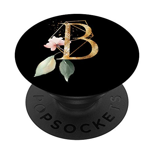 Letter B Initial Pink Rose Floral Geometric Monogram Black PopSockets Grip and Stand for Phones and Tablets