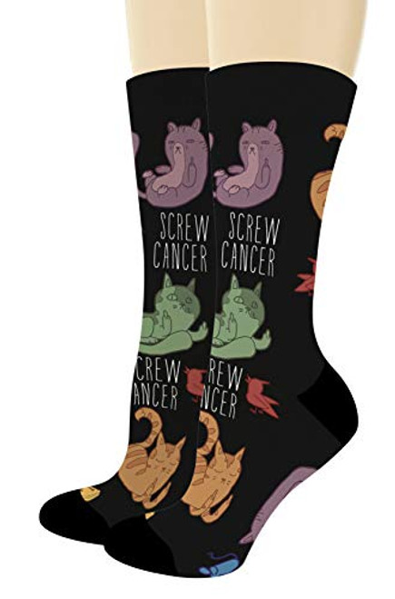 Chemo Gifts Screw Cancer Sock Funny Cat Lover Gifts Multiple Cancer Colors 1-Pair Novelty Crew Socks