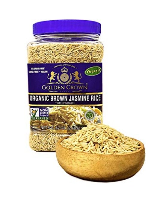 Golden Crown Organic Brown Jasmine Rice - 100 Authentic Naturally Fragrant Aged Healthy Easy To Prepare Thai Hom Mali Extra Long Grain Gluten Free NON GMO Vegan Kosher and Halal - 32OZ 2LBS Golden Crown Organic Brown Jasmine Rice - 100 Authentic Naturally Fragrant Aged Healthy Easy To Prepare Thai Hom Mali Extra Long Grain Gluten Free NON GMO Vegan Kosher and Halal - 32OZ 2LBS
