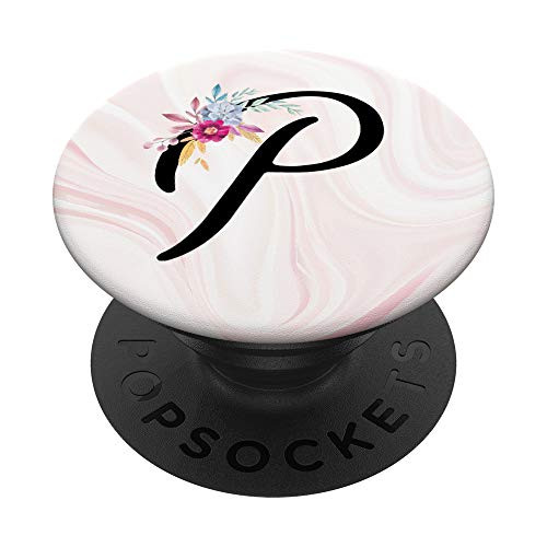 Letter P Initial Floral Flower Pink Marble Monogram PopSockets Grip and Stand for Phones and Tablets
