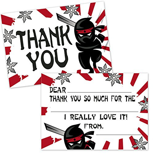 Ninja Samurai Fill in The Blank Thank You Cards for Kids 20 Count with Envelopes - Boys Thank You Notes - Ninja Party Supplies