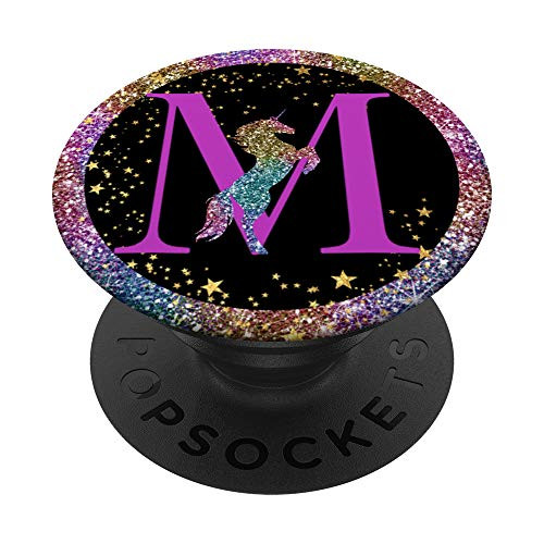 Purple Letter M Initial Unicorn Galaxy Rainbow Monogram PopSockets PopGrip Swappable Grip for Phones   Tablets