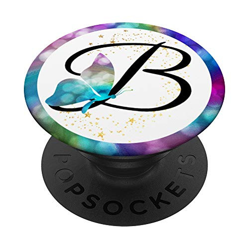 Letter B Initial Rainbow Butterfly Monogram PopSockets Grip and Stand for Phones and Tablets