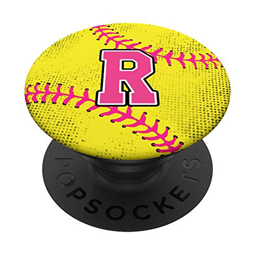 Softball Letter R Girl Player Pink Monogram Ball Zx PopSockets Grip and Stand for Phones and Tablets
