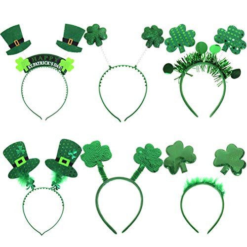 AOPOO 6 Packs St Patricks Day Green Headband Shamrock Boppers Hats for Irish Costume Accessory Party Supplies