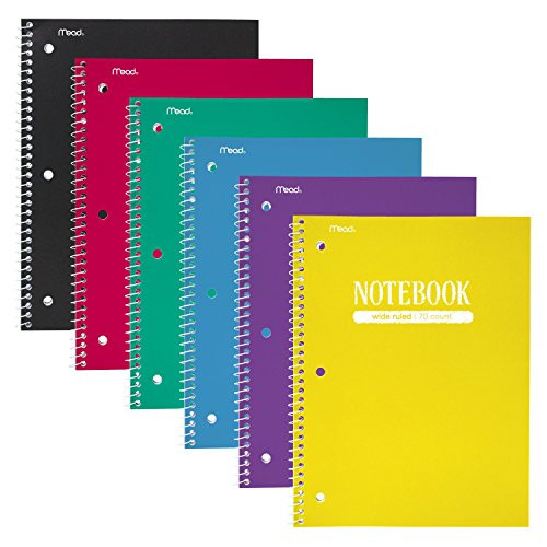 Mead Spiral Notebook, 1 Subject, Wide Ruled Paper, 70 Sheets, 10-1/2" x 7-1/2", Plastic, Green, Blue, Black, Red, Purple, Yellow, 6 Pack (38966)