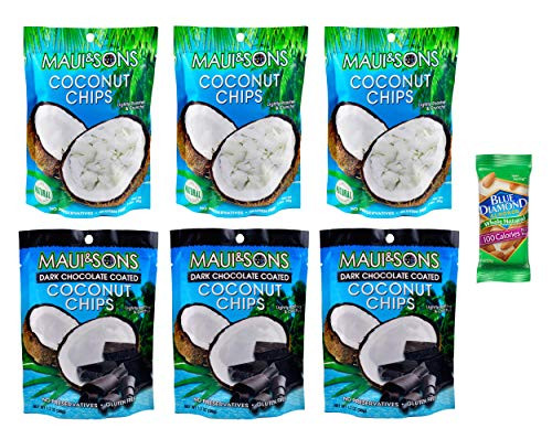 Maui   Sons Coconut Chips Single Serving Size Pack of 6 Includes 3 of Each Flavor Coconut Chips and Dark Chocolate Coated with Free Blue Diamond Almonds on the Go Pack Coconut Chips