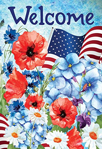 Texupday Welcome Patriotic Floral Decoration America Summer Flower House Flag Outdoor Yard Flag 28 x 40