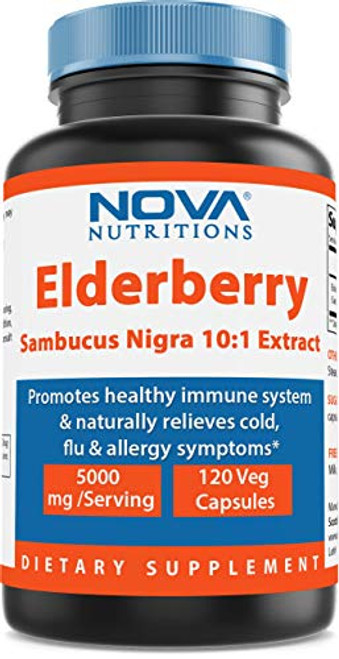 Nova Nutritions Elderberry Sambucus Nigra 101 Extract 5000mg Equivalent 120 Veg Capsules - Naturally relives Cold flu   Allergy Symptoms - Promotes Healthy Immune System