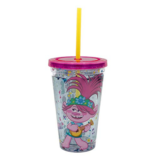 Silver Buffalo Trolls World Tour Plastic Cold Cup with Snow Globe Effect with Lid and Straw 14-Ounce Multicolor