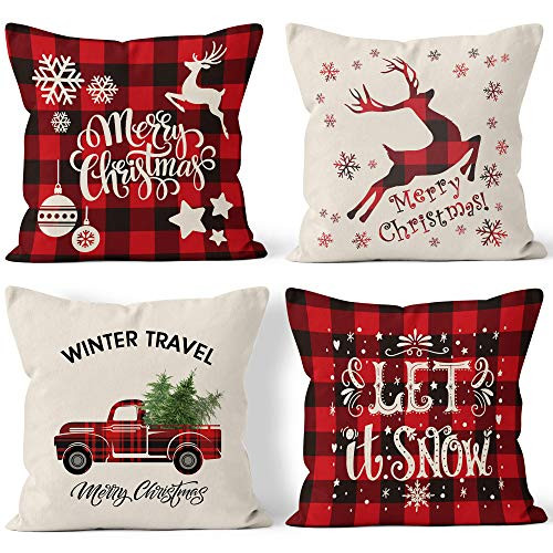 Bieyaaso Christmas Pillow Covers 18x18 Set of 4 for Home Decor Christmas Buffalo Plaid Retro Truck Throw Pillow Cases Cushion Decor Winter Holiday Christmas Farmhouse Decor Pillows Throw Pillow Cover