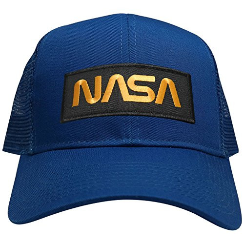 NASA Worm Gold Text Embroidered Iron On Patch Snapback Trucker Mesh Cap - Royal