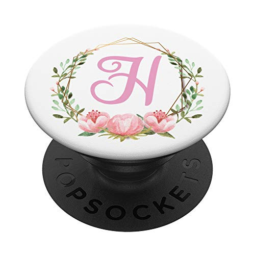 Pink Floral Wreath Monogram Initial Letter H Phone Grip PopSockets Grip and Stand for Phones and Tablets