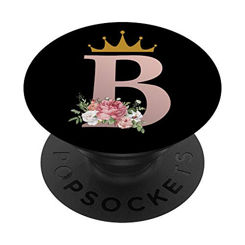 Rose Pink Letter B Floral Initial Monogram   Crown on Black PopSockets PopGrip Swappable Grip for Phones   Tablets