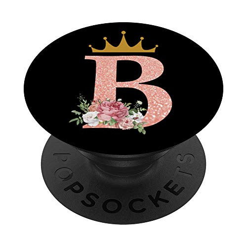 Rose Pink Letter B Floral Initial Monogram   Crown on Black PopSockets Grip and Stand for Phones and Tablets
