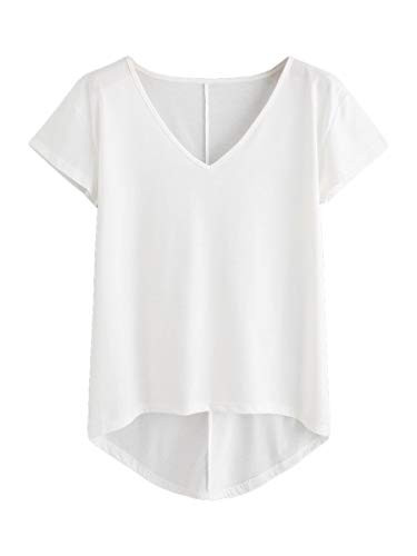 Romwe Womens Plus Size Loose Short Sleeve Deep V Neck Hem T Shirts Basic Tops White 2X Plus