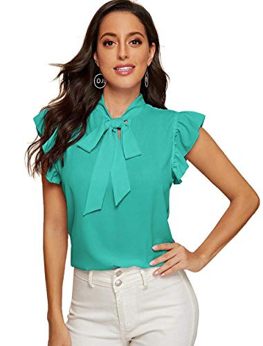 Romwe Womens Solid Casual Short Sleeve Ruffle Trim Bow Tie Blouse Top Shirts Green XL
